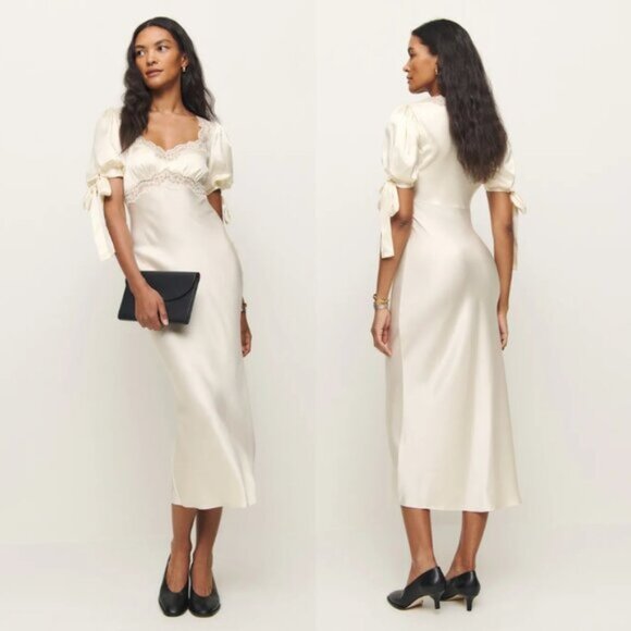 NWT Reformation Stella Maxi Silk Dress Ivory Lace Trim Puff Sleeves - Picture 1 of 12
